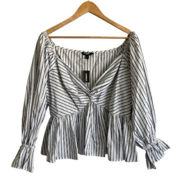 Express Striped Off The Shoulder Peplum Top Large - Picture 1 of 5